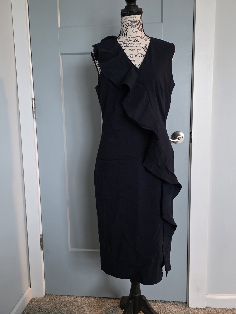 J.McLaughlin Navy Ruffle V-Neck Sleeveless Sheath Dress Size 10